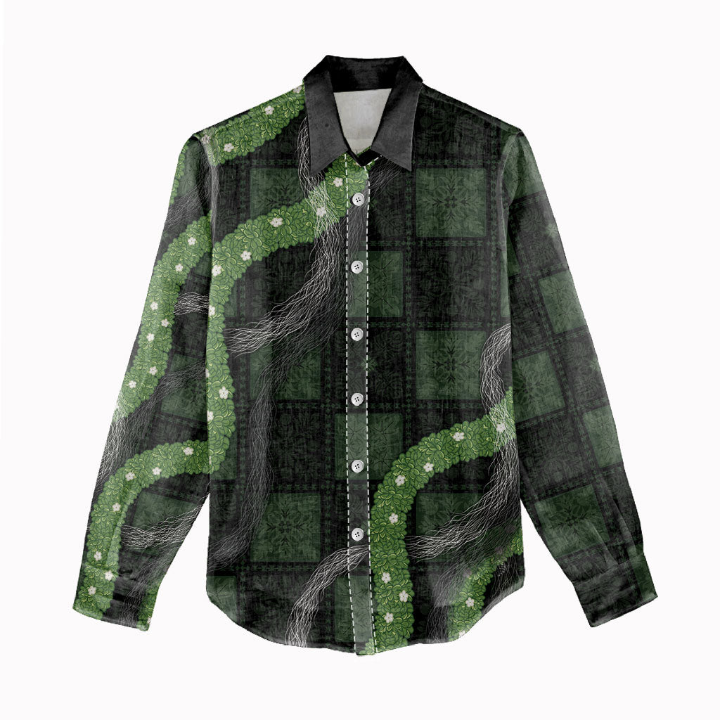 Hawaiian Quilt Women Casual Shirt Pele Hair Hinahina Lei Black Version
