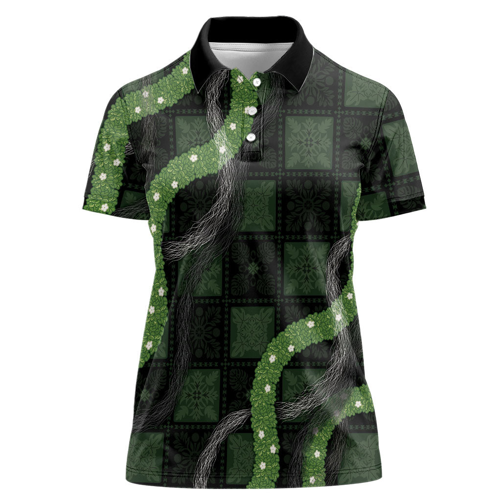 Hawaiian Quilt Women Polo Shirt Pele Hair Hinahina Lei Black Version