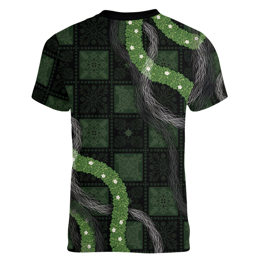 Hawaiian Quilt Women V-Neck T-Shirt Pele Hair Hinahina Lei Black Version