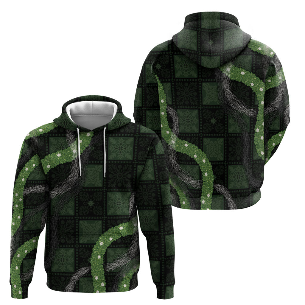 Hawaiian Quilt Zip Hoodie Pele Hair Hinahina Lei Black Version