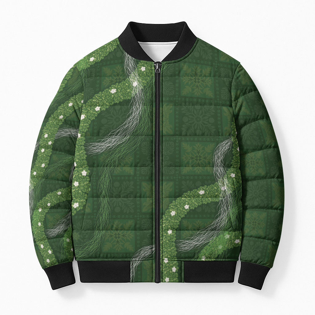 Hawaiian Quilt Bomber Puffer Jacket Pele Hair Hinahina Lei Green Version LT05 Unisex Green - Polynesian Pride