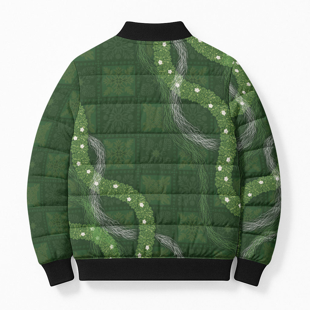 Hawaiian Quilt Bomber Puffer Jacket Pele Hair Hinahina Lei Green Version LT05 - Polynesian Pride
