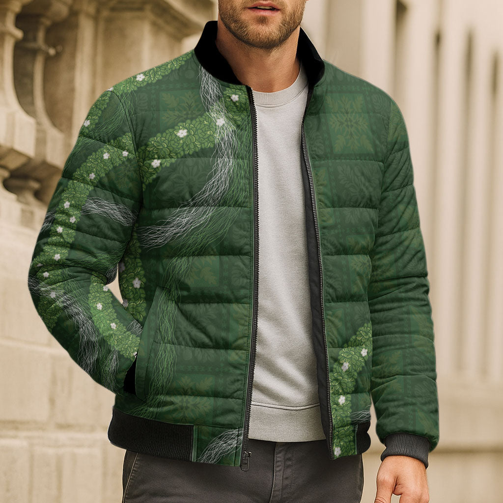 Hawaiian Quilt Bomber Puffer Jacket Pele Hair Hinahina Lei Green Version LT05 - Polynesian Pride