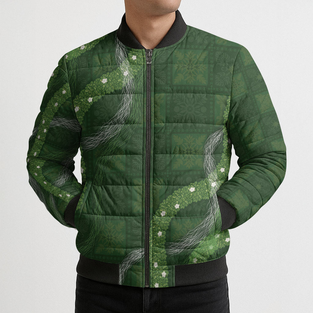 Hawaiian Quilt Bomber Puffer Jacket Pele Hair Hinahina Lei Green Version LT05 - Polynesian Pride
