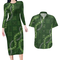 Hawaiian Quilt Couples Matching Long Sleeve Bodycon Dress and Hawaiian Shirt Pele Hair Hinahina Lei Green Version