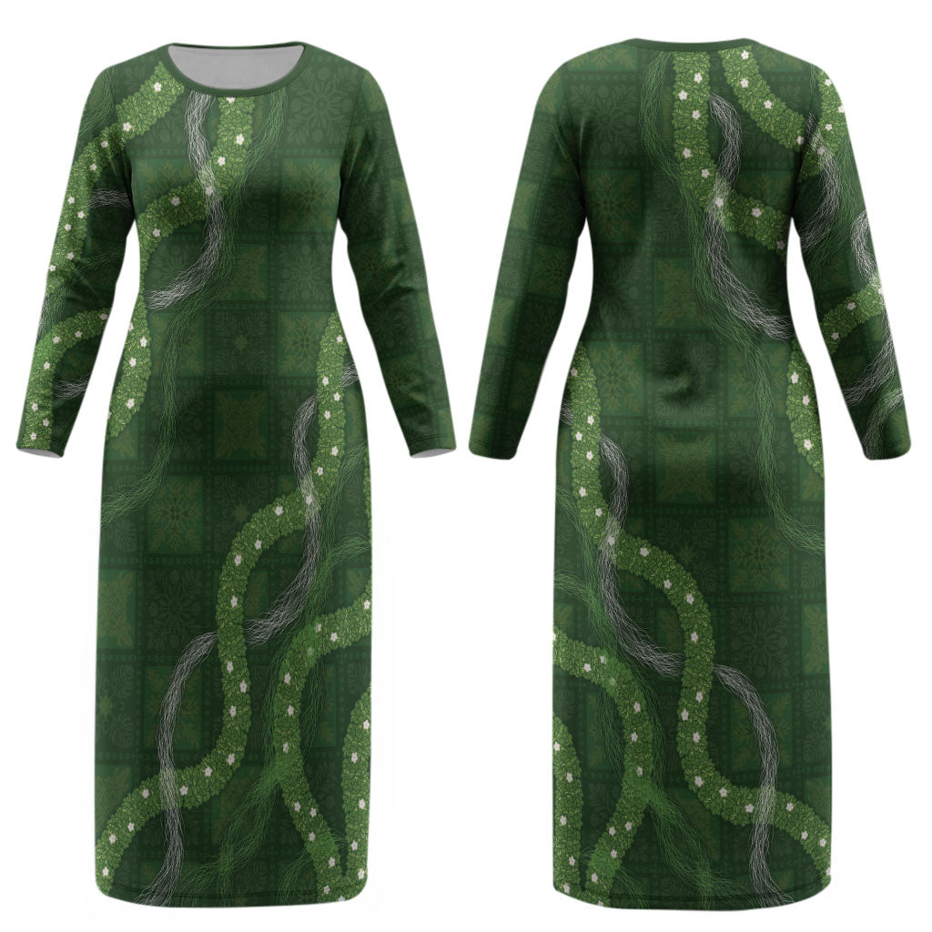 Hawaiian Quilt Couples Matching Long Sleeve Bodycon Dress and Long Sleeve Button Shirt Pele Hair Hinahina Lei Green Version LT05
