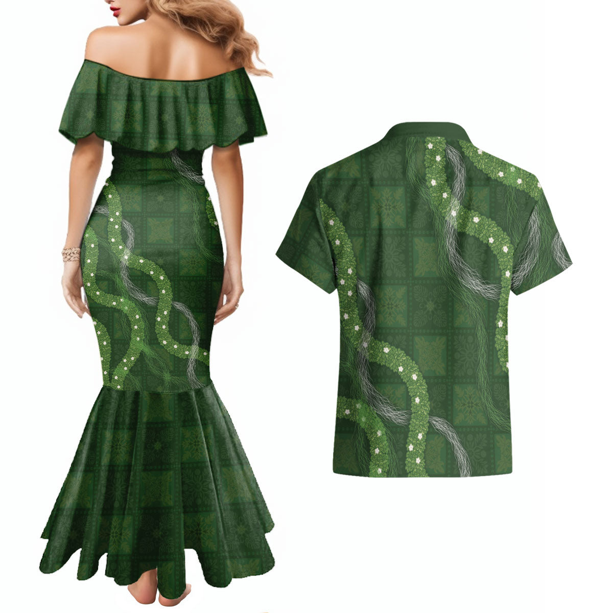 Hawaiian Quilt Couples Matching Mermaid Dress and Hawaiian Shirt Pele Hair Hinahina Lei Green Version