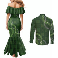 Hawaiian Quilt Couples Matching Mermaid Dress and Long Sleeve Button Shirt Pele Hair Hinahina Lei Green Version