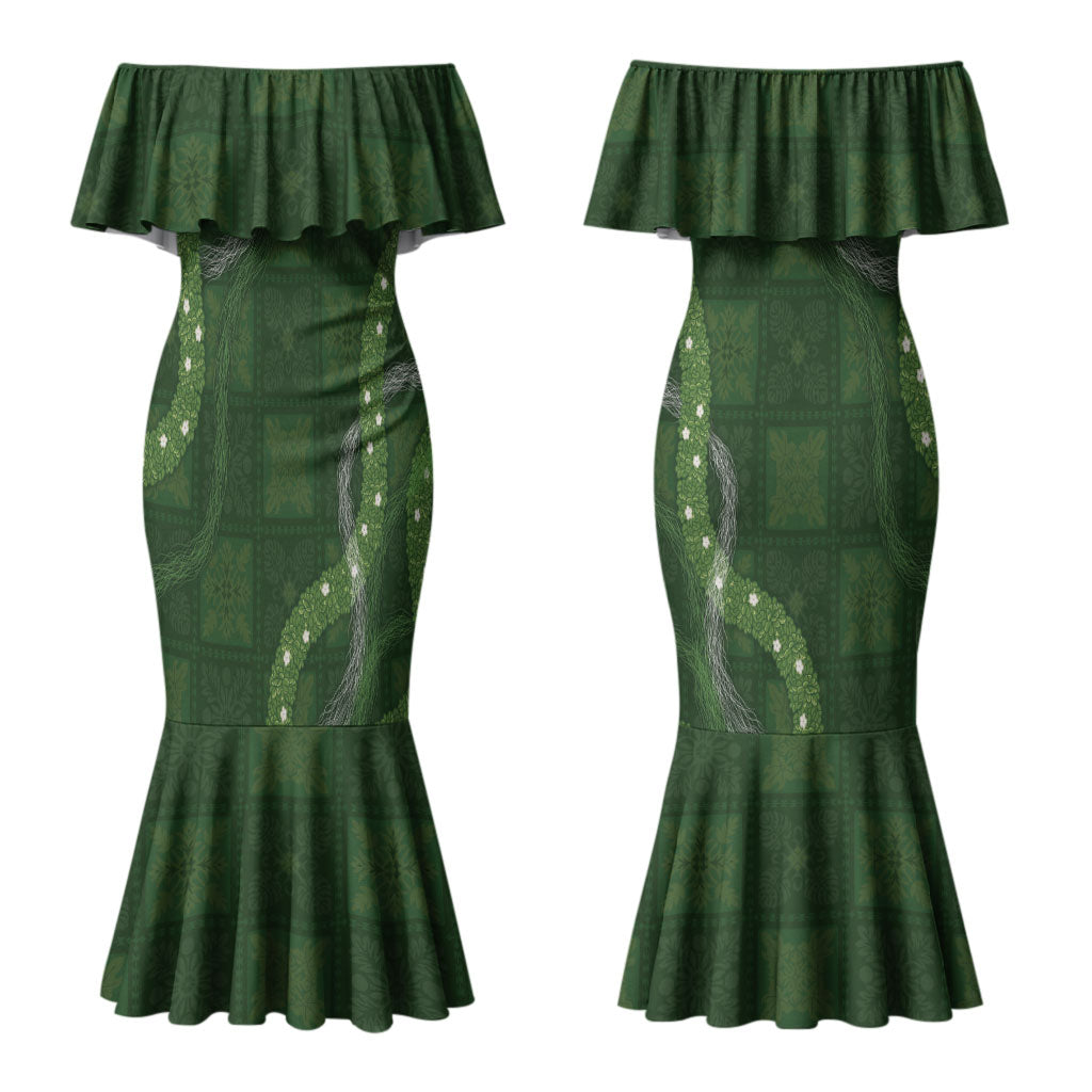 Hawaiian Quilt Couples Matching Mermaid Dress and Long Sleeve Button Shirt Pele Hair Hinahina Lei Green Version LT05