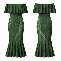Hawaiian Quilt Couples Matching Mermaid Dress and Long Sleeve Button Shirt Pele Hair Hinahina Lei Green Version LT05