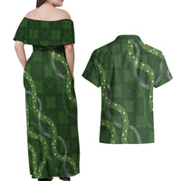 Hawaiian Quilt Couples Matching Off Shoulder Maxi Dress and Hawaiian Shirt Pele Hair Hinahina Lei Green Version