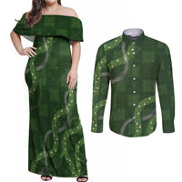 Hawaiian Quilt Couples Matching Off Shoulder Maxi Dress and Long Sleeve Button Shirt Pele Hair Hinahina Lei Green Version