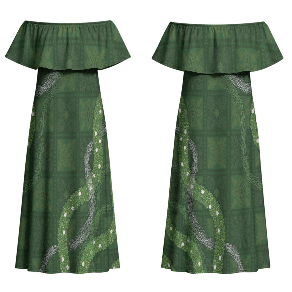 Hawaiian Quilt Couples Matching Off Shoulder Maxi Dress and Long Sleeve Button Shirt Pele Hair Hinahina Lei Green Version LT05