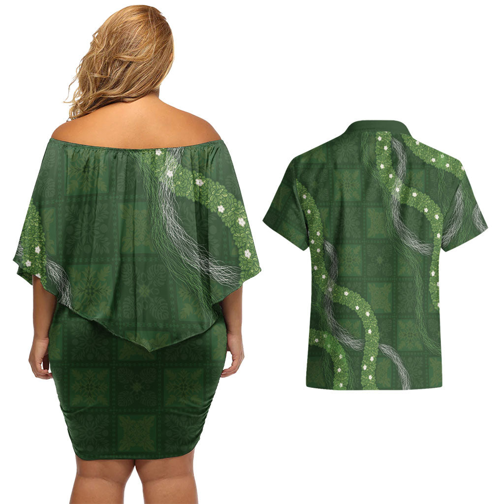 Hawaiian Quilt Couples Matching Off Shoulder Short Dress and Hawaiian Shirt Pele Hair Hinahina Lei Green Version