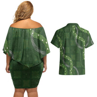 Hawaiian Quilt Couples Matching Off Shoulder Short Dress and Hawaiian Shirt Pele Hair Hinahina Lei Green Version