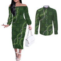Hawaiian Quilt Couples Matching Off The Shoulder Long Sleeve Dress and Long Sleeve Button Shirt Pele Hair Hinahina Lei Green Version