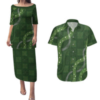 Hawaiian Quilt Couples Matching Puletasi and Hawaiian Shirt Pele Hair Hinahina Lei Green Version