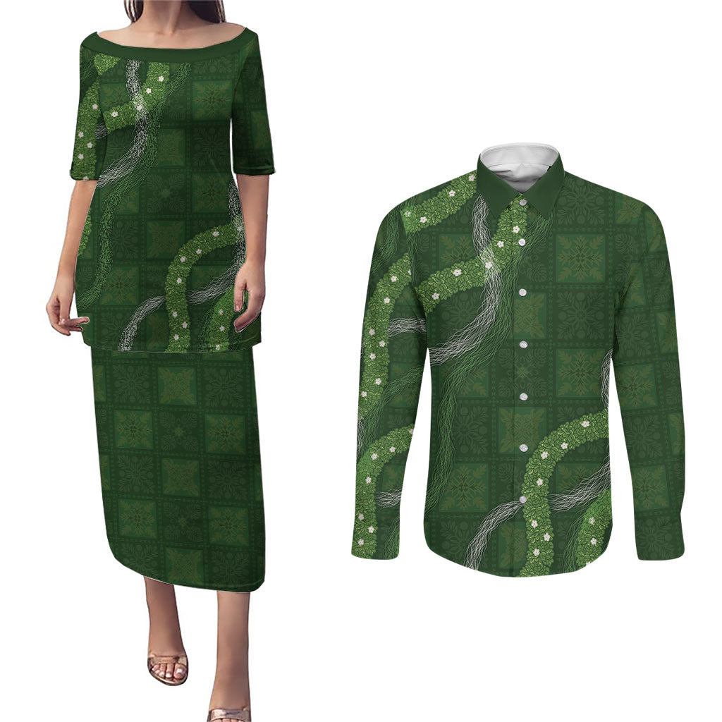 Hawaiian Quilt Couples Matching Puletasi and Long Sleeve Button Shirt Pele Hair Hinahina Lei Green Version