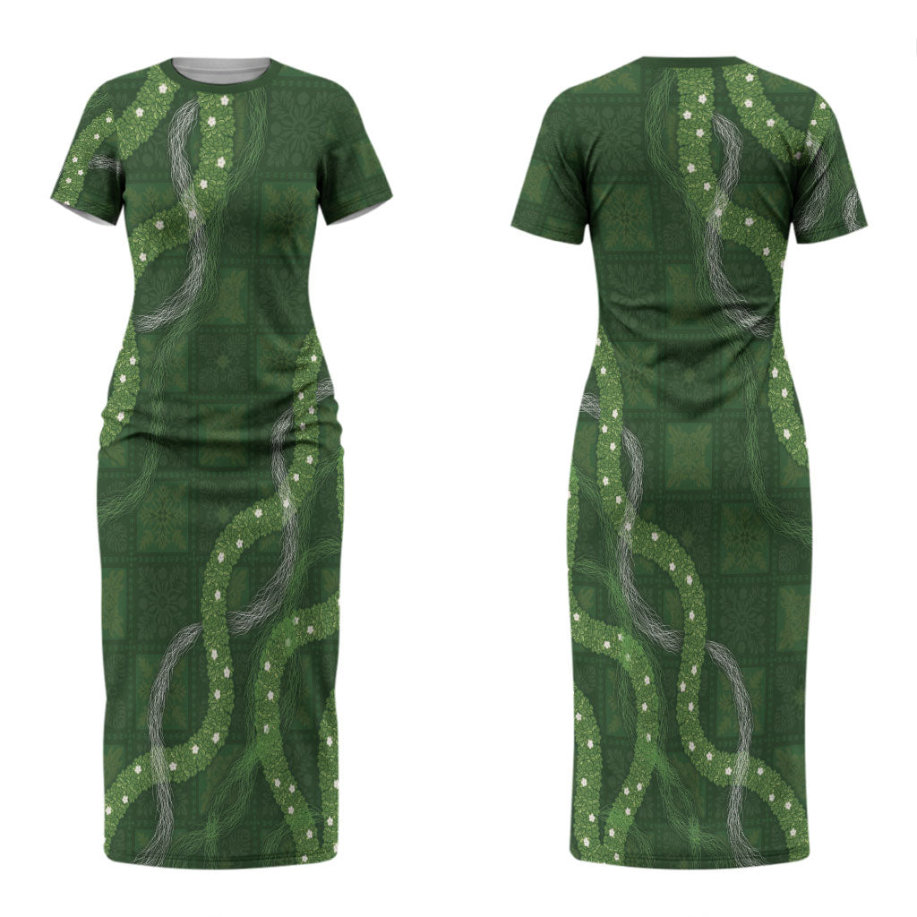 Hawaiian Quilt Couples Matching Short Sleeve Bodycon Dress and Hawaiian Shirt Pele Hair Hinahina Lei Green Version LT05 - Polynesian Pride