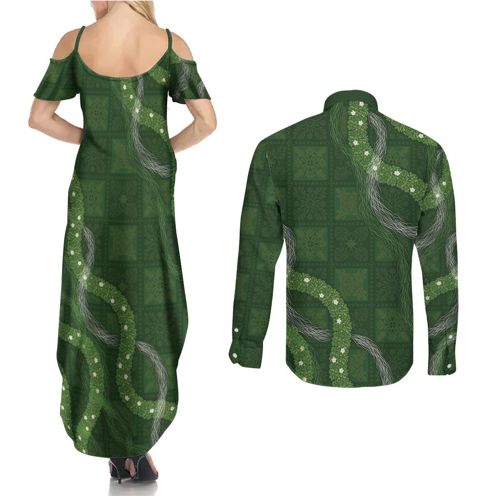 Hawaiian Quilt Couples Matching Summer Maxi Dress and Long Sleeve Button Shirt Pele Hair Hinahina Lei Green Version