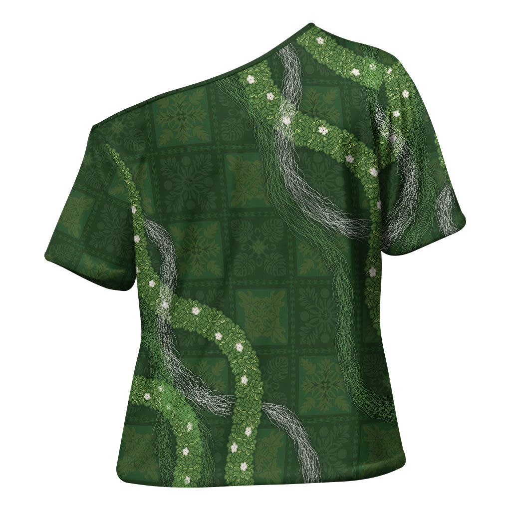 Hawaiian Quilt Cross Shoulder Shirt Pele Hair Hinahina Lei Green Version LT05 - Polynesian Pride