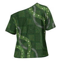 Hawaiian Quilt Cross Shoulder Shirt Pele Hair Hinahina Lei Green Version LT05 - Polynesian Pride