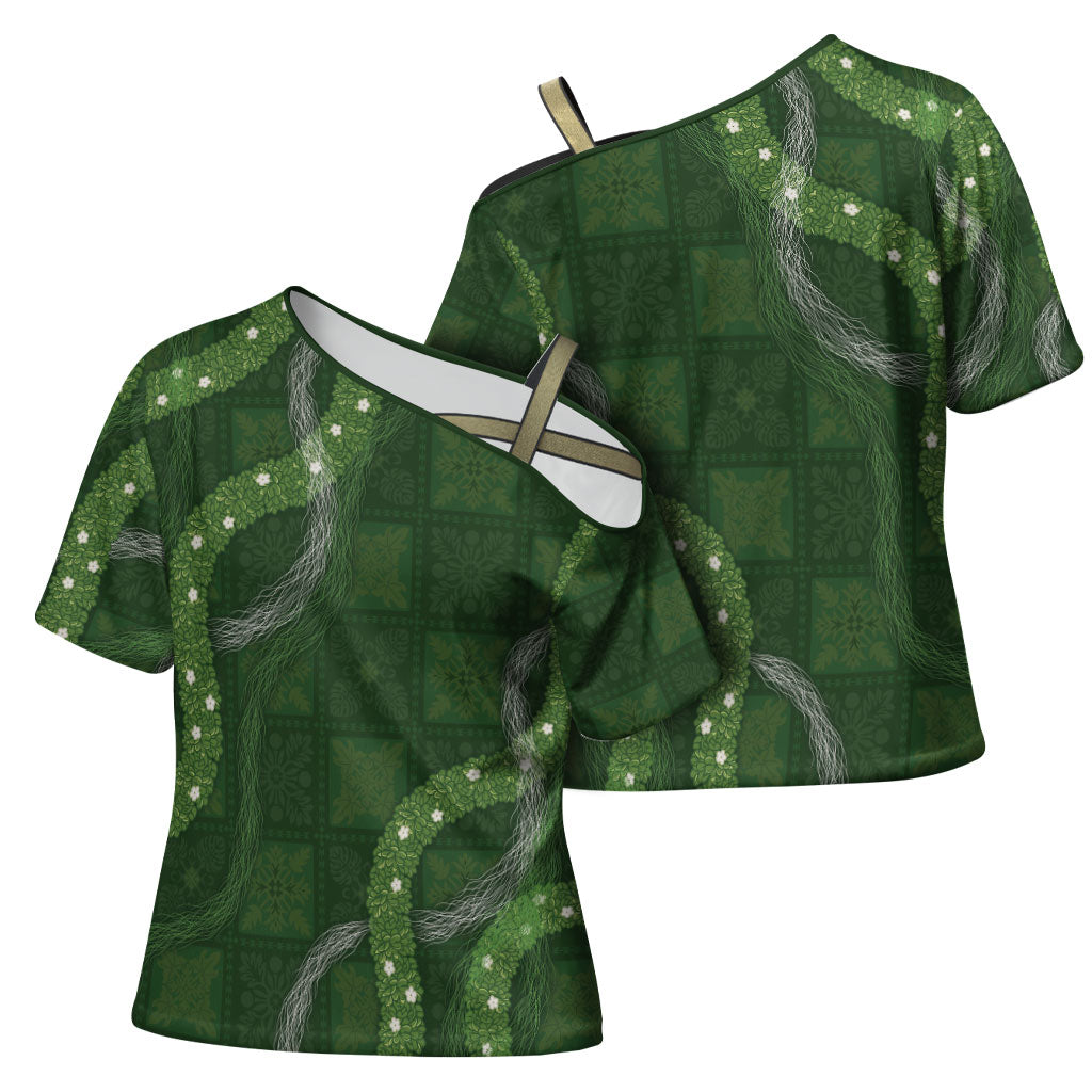 Hawaiian Quilt Cross Shoulder Shirt Pele Hair Hinahina Lei Green Version LT05 - Polynesian Pride