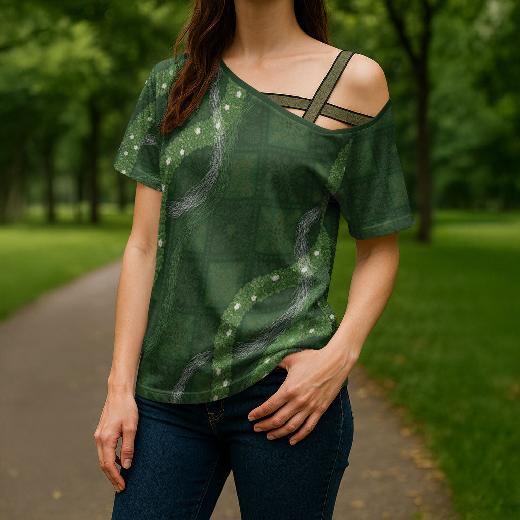 Hawaiian Quilt Cross Shoulder Shirt Pele Hair Hinahina Lei Green Version LT05 - Polynesian Pride