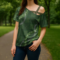 Hawaiian Quilt Cross Shoulder Shirt Pele Hair Hinahina Lei Green Version LT05 - Polynesian Pride