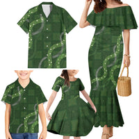 Hawaiian Quilt Family Matching Mermaid Dress and Hawaiian Shirt Pele Hair Hinahina Lei Green Version