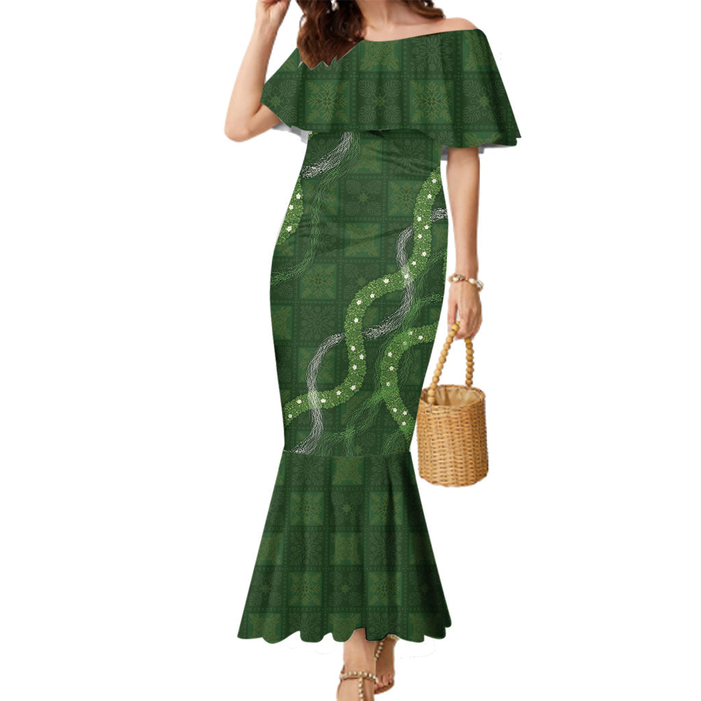 Hawaiian Quilt Family Matching Mermaid Dress and Hawaiian Shirt Pele Hair Hinahina Lei Green Version
