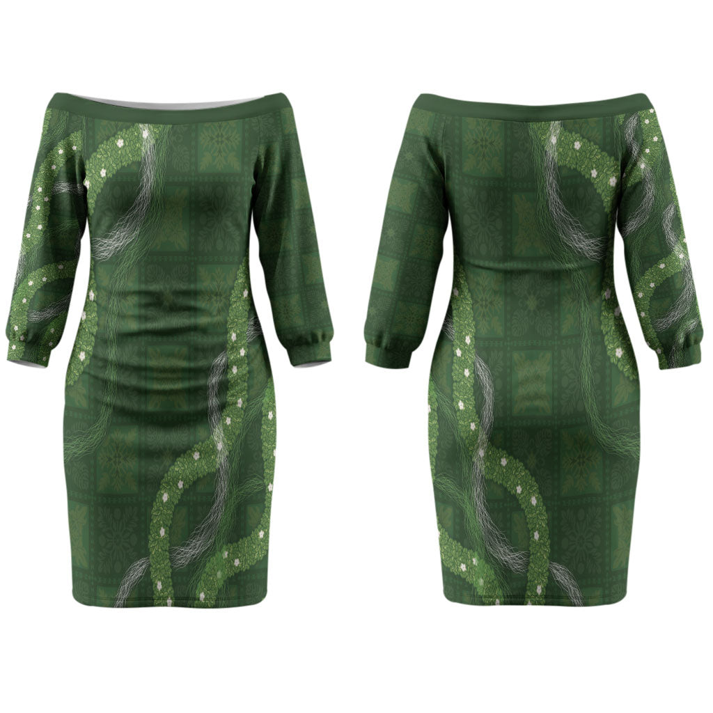 Hawaiian Quilt Family Matching Off The Shoulder Long Sleeve Dress and Hawaiian Shirt Pele Hair Hinahina Lei Green Version LT05 - Polynesian Pride