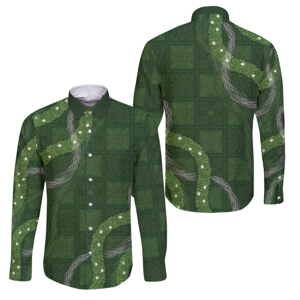 Hawaiian Quilt Family Matching Off The Shoulder Long Sleeve Dress and Hawaiian Shirt Pele Hair Hinahina Lei Green Version LT05 - Polynesian Pride