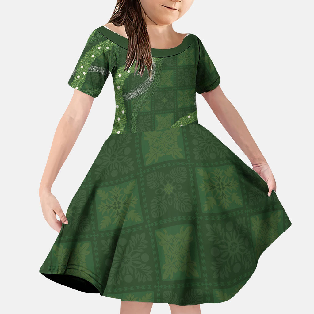 Hawaiian Quilt Family Matching Off Shoulder Maxi Dress and Hawaiian Shirt Pele Hair Hinahina Lei Green Version