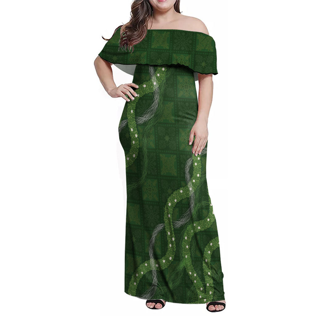 Hawaiian Quilt Family Matching Off Shoulder Maxi Dress and Hawaiian Shirt Pele Hair Hinahina Lei Green Version