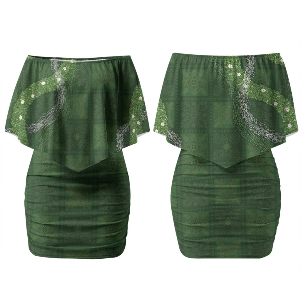 Hawaiian Quilt Family Matching Off Shoulder Short Dress and Hawaiian Shirt Pele Hair Hinahina Lei Green Version LT05 - Polynesian Pride