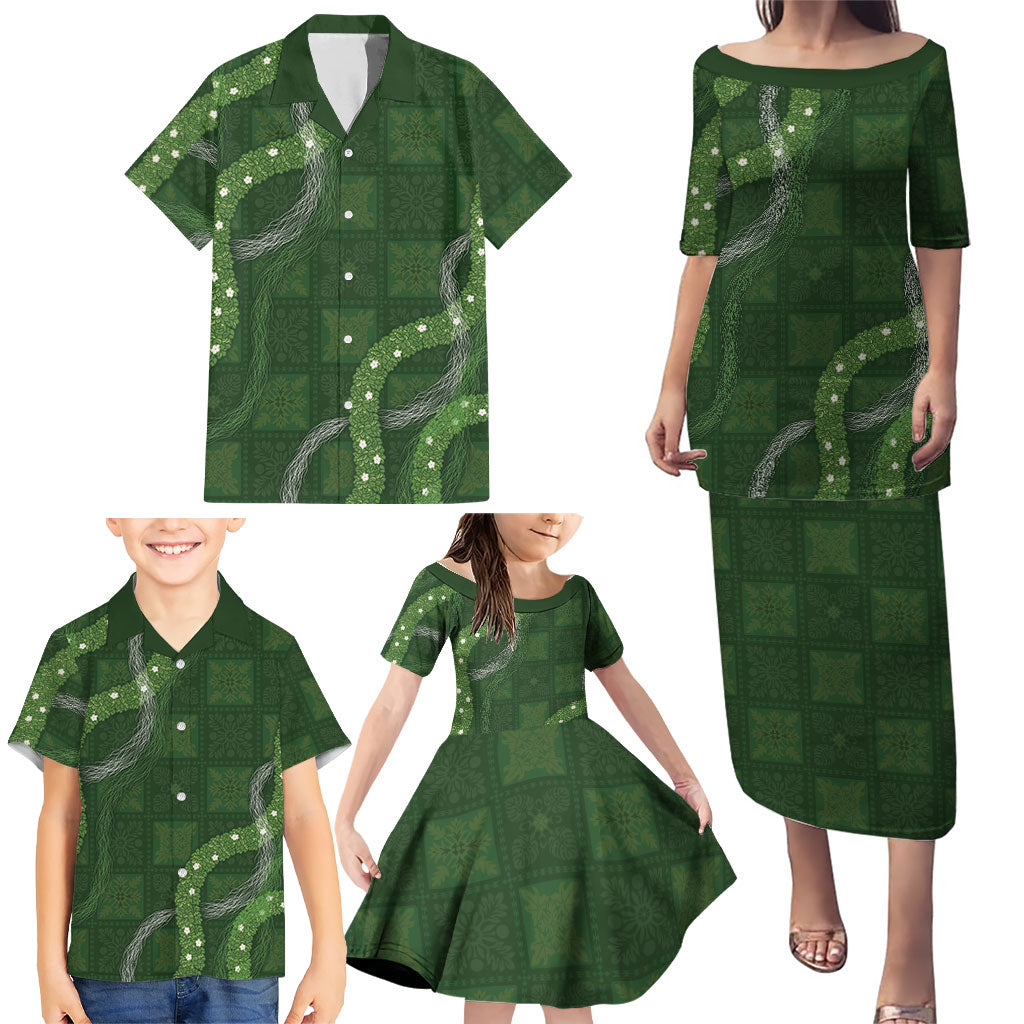 Hawaiian Quilt Family Matching Puletasi and Hawaiian Shirt Pele Hair Hinahina Lei Green Version