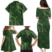 Hawaiian Quilt Family Matching Puletasi and Hawaiian Shirt Pele Hair Hinahina Lei Green Version