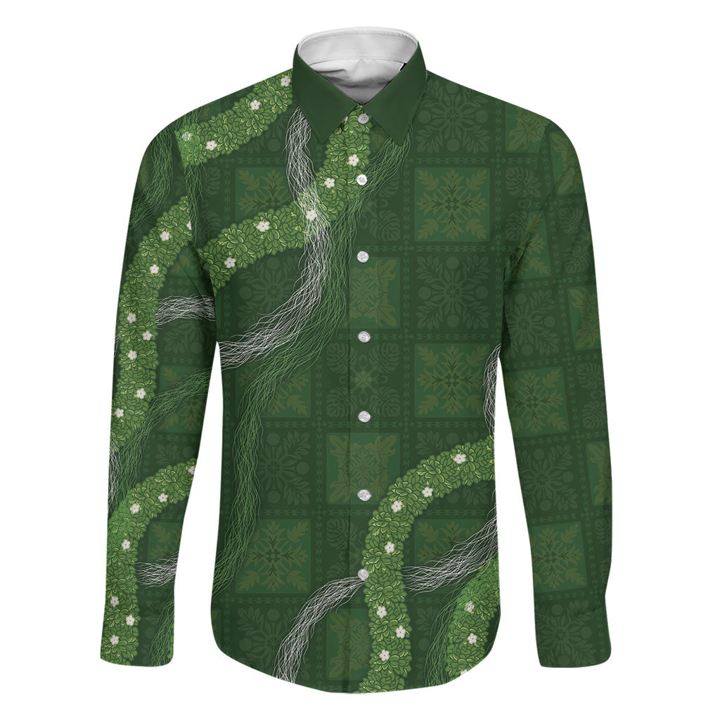 Hawaiian Quilt Family Matching Puletasi and Hawaiian Shirt Pele Hair Hinahina Lei Green Version