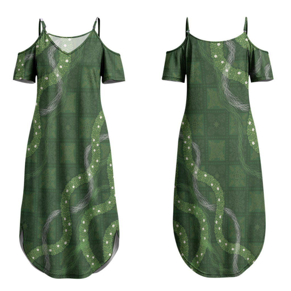 Hawaiian Quilt Family Matching Summer Maxi Dress and Hawaiian Shirt Pele Hair Hinahina Lei Green Version LT05 - Polynesian Pride