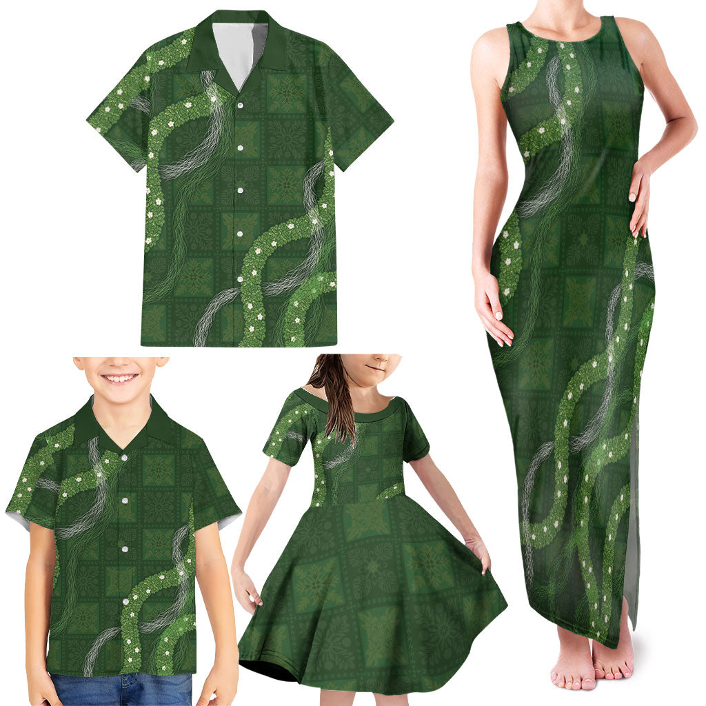 Hawaiian Quilt Family Matching Tank Maxi Dress and Hawaiian Shirt Pele Hair Hinahina Lei Green Version