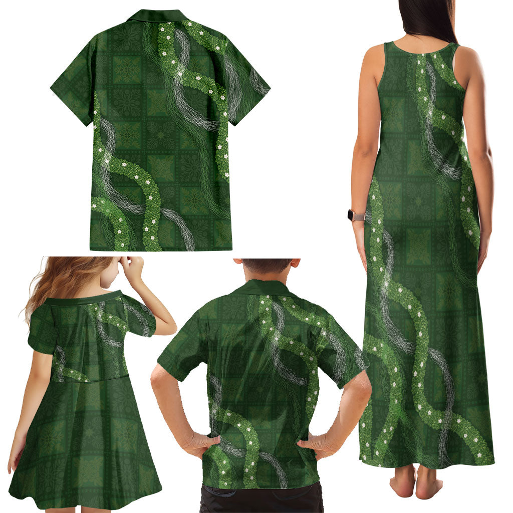 Hawaiian Quilt Family Matching Tank Maxi Dress and Hawaiian Shirt Pele Hair Hinahina Lei Green Version