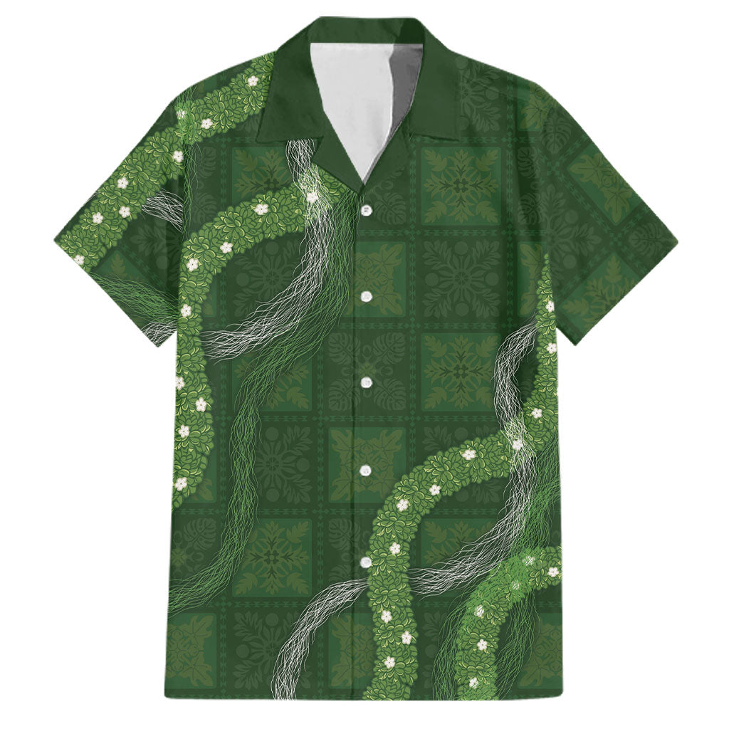 Hawaiian Quilt Family Matching Tank Maxi Dress and Hawaiian Shirt Pele Hair Hinahina Lei Green Version