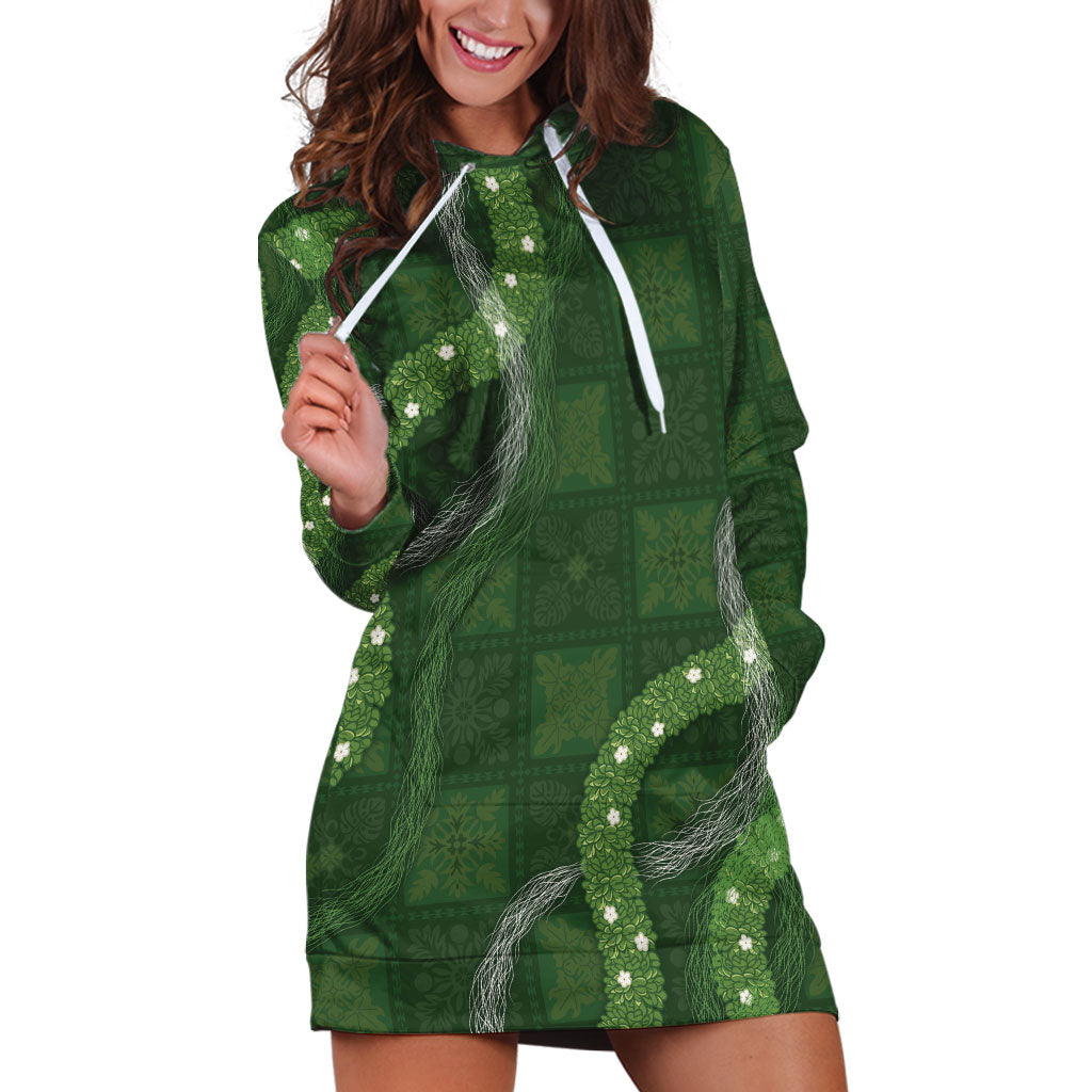 Hawaiian Quilt Hoodie Dress Pele Hair Hinahina Lei Green Version