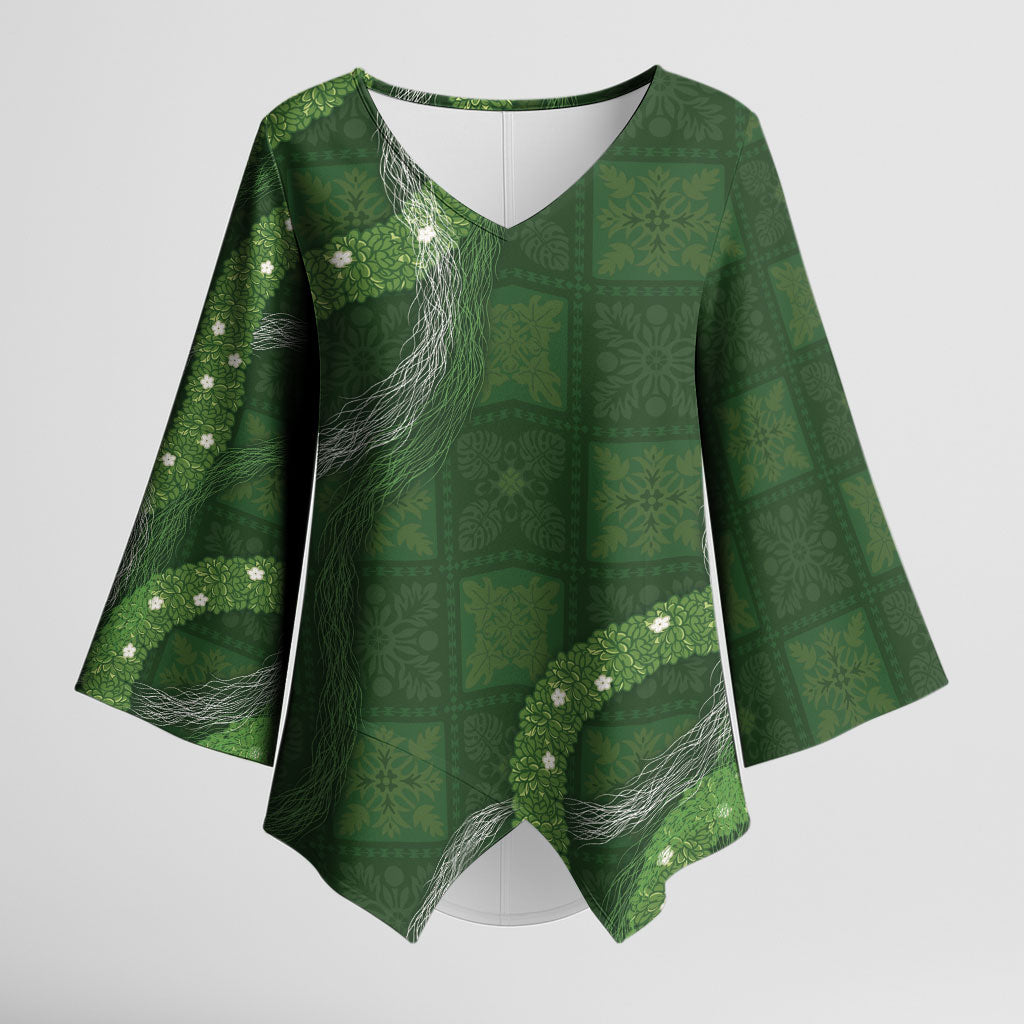 Hawaiian Quilt Kimono Sleeve Blouse Pele Hair Hinahina Lei Green Version