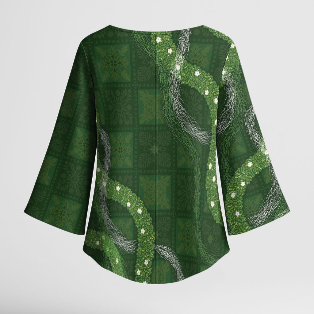 Hawaiian Quilt Kimono Sleeve Blouse Pele Hair Hinahina Lei Green Version