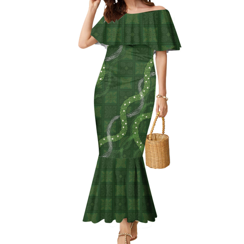 Hawaiian Quilt Mermaid Dress Pele Hair Hinahina Lei Green Version LT05 Women Green - Polynesian Pride