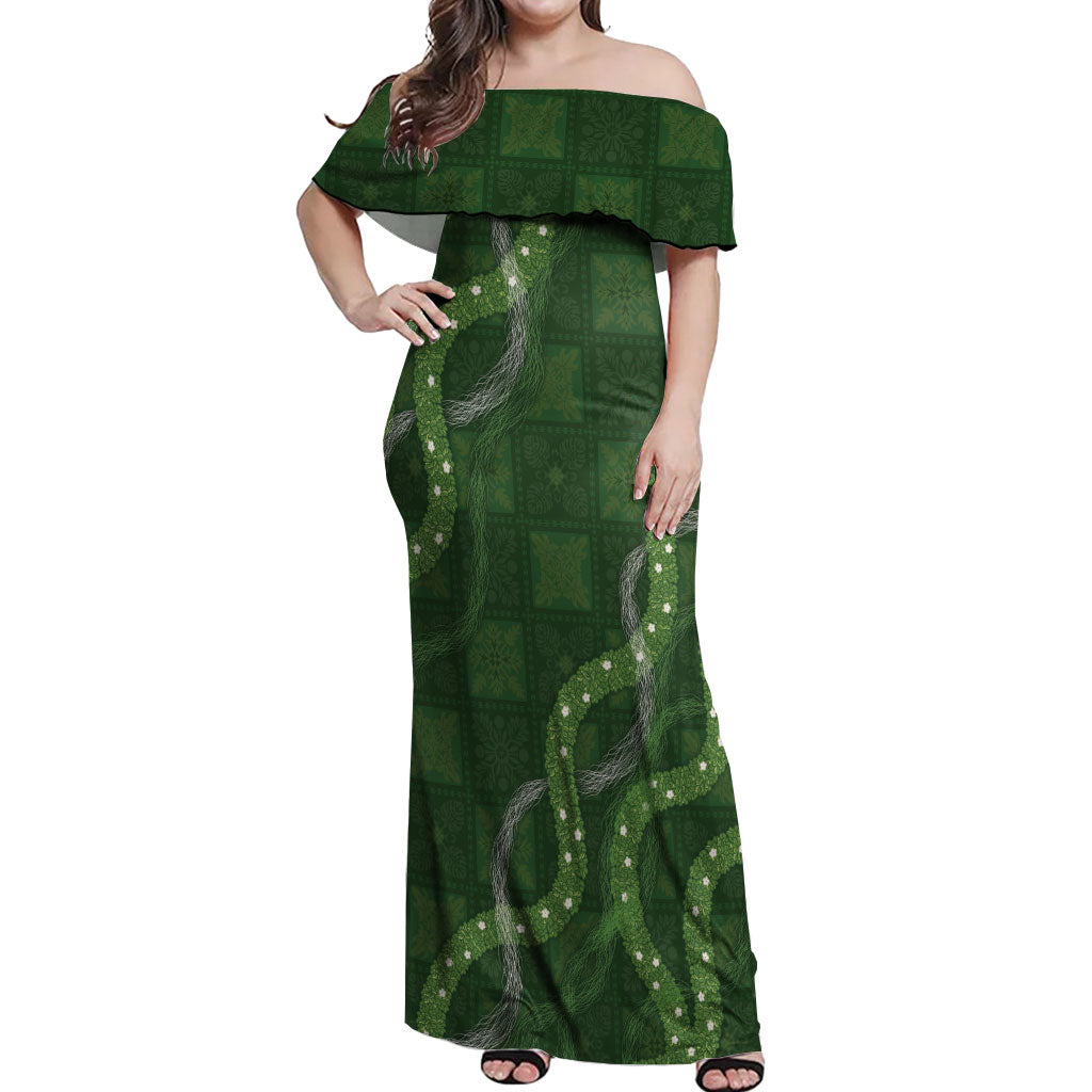 Hawaiian Quilt Off Shoulder Maxi Dress Pele Hair Hinahina Lei Green Version LT05 Women Green - Polynesian Pride