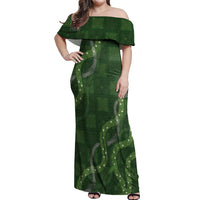 Hawaiian Quilt Off Shoulder Maxi Dress Pele Hair Hinahina Lei Green Version LT05 Women Green - Polynesian Pride