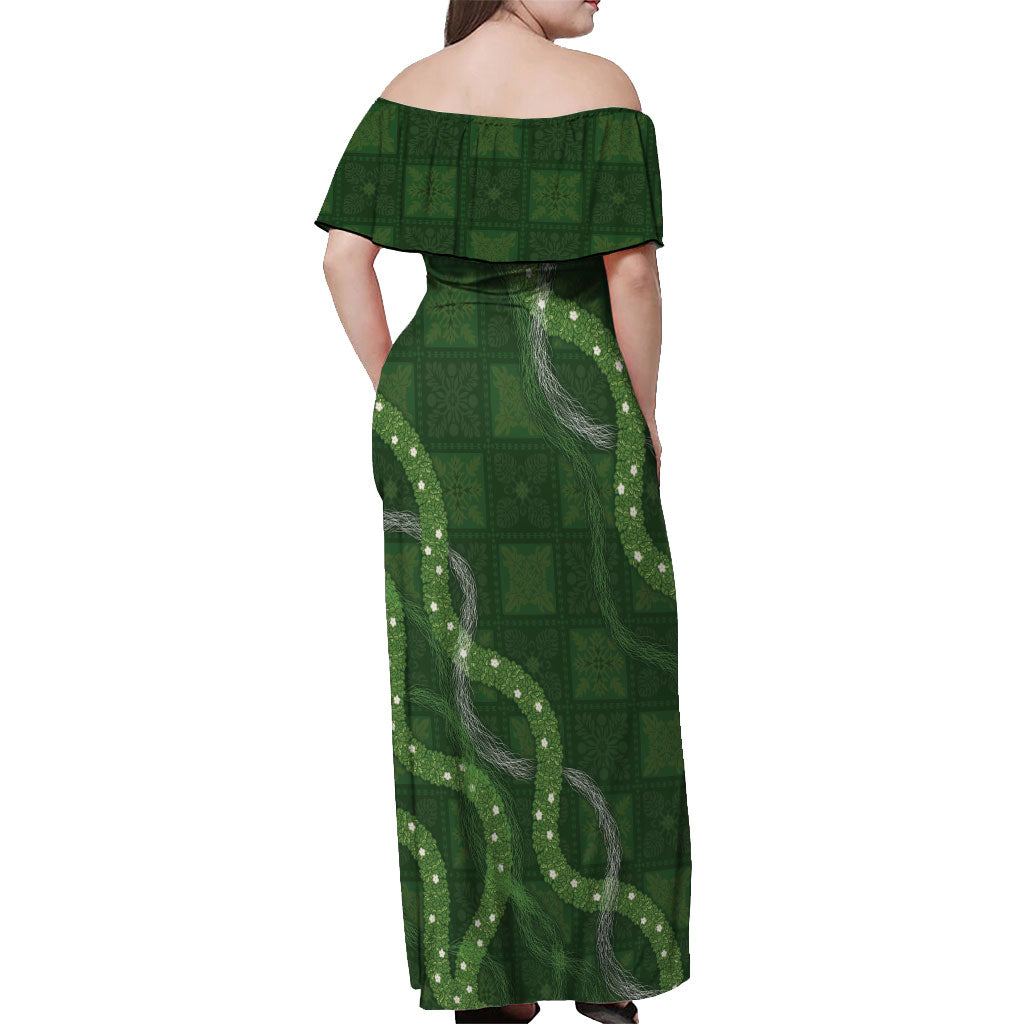 Hawaiian Quilt Off Shoulder Maxi Dress Pele Hair Hinahina Lei Green Version LT05 - Polynesian Pride